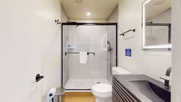 A modern bathroom with a shower, toilet, sink, and mirror.