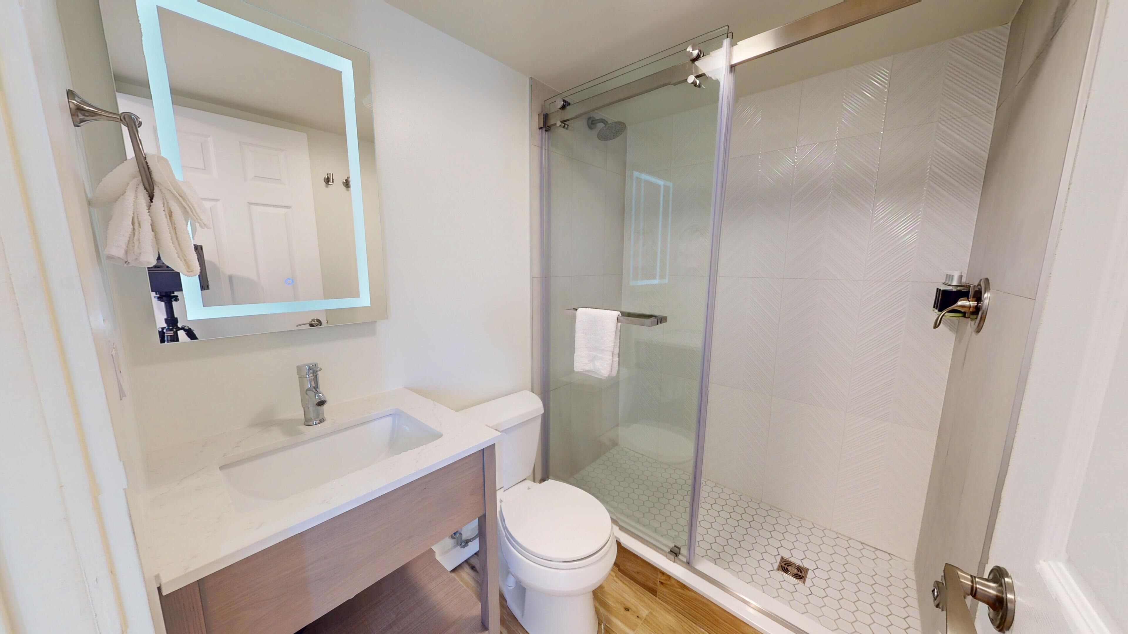 A modern bathroom with a glass-enclosed shower, a white sink, and a toilet.