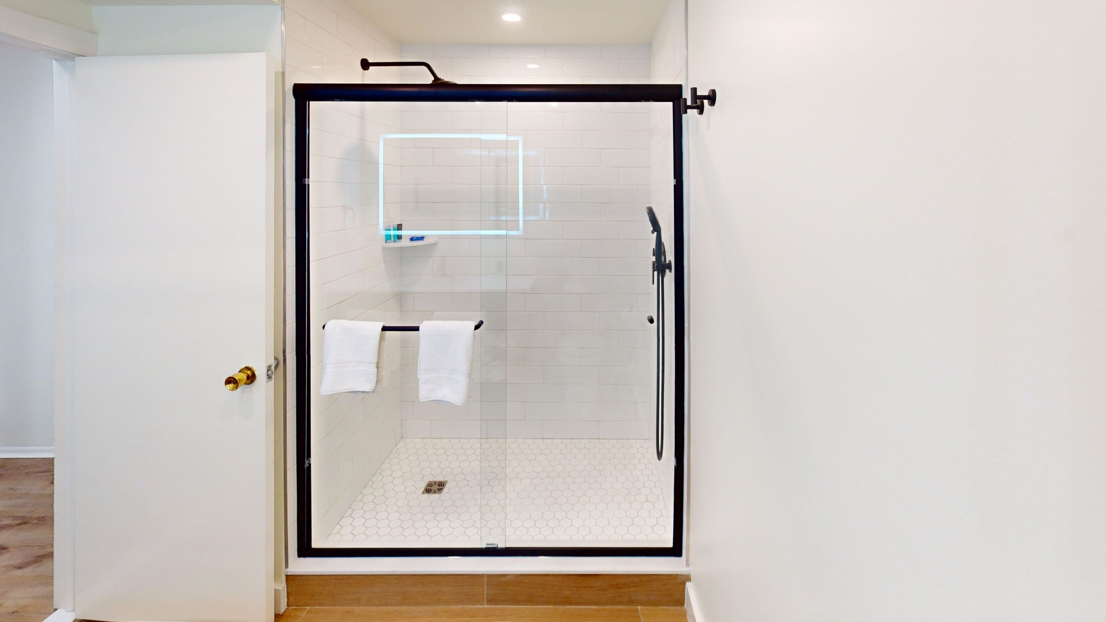 Shower, hair dryer, towels