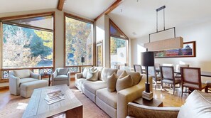 Smart TV, fireplace, table football, books