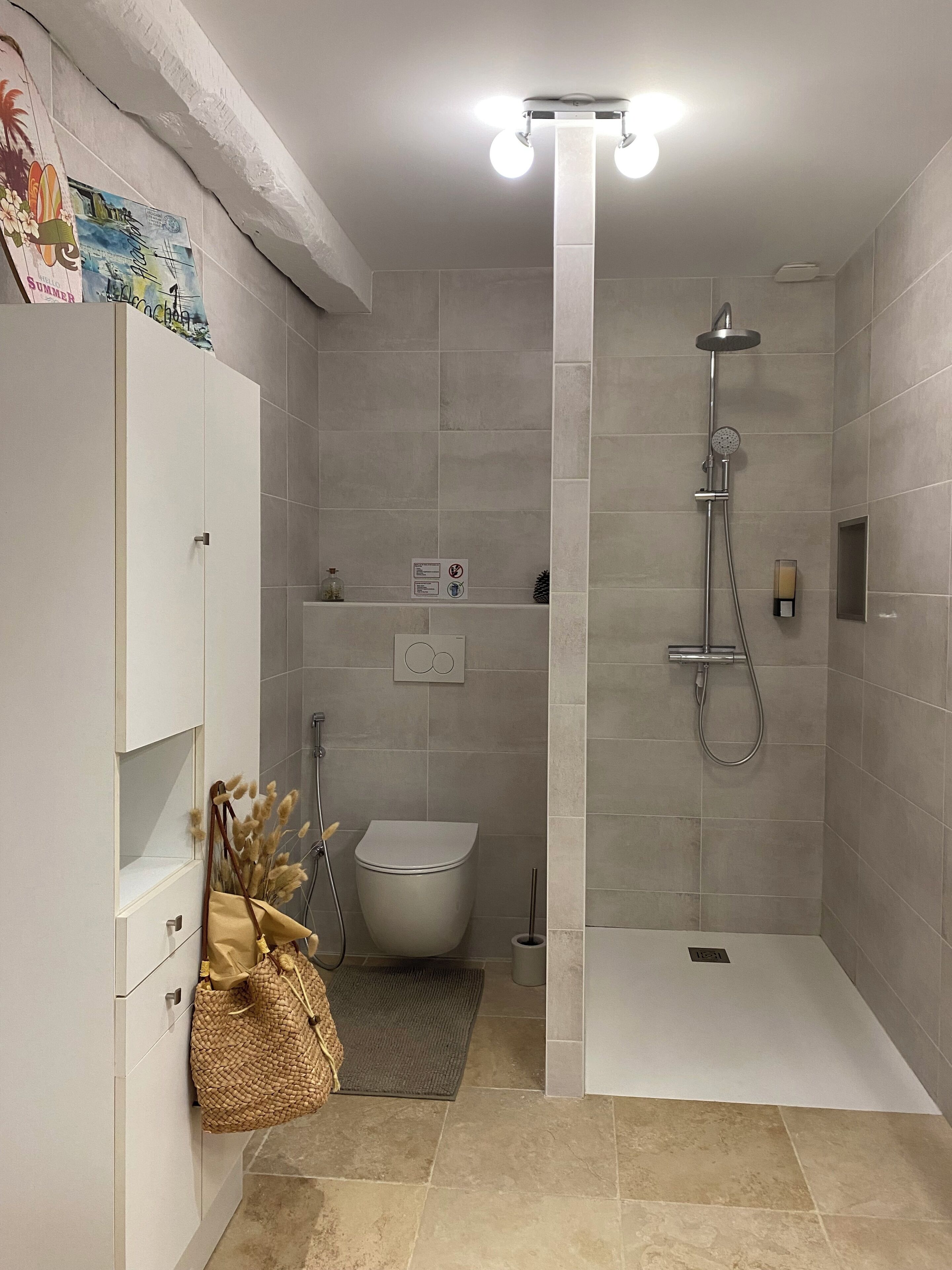 A modern bathroom with a shower, toilet, and a towel rack.