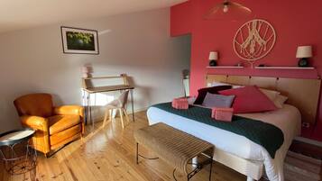 A bedroom with a bed, a desk, a chair, and a bench.