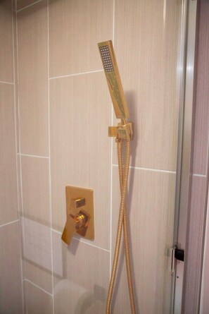 Hair dryer, towels, soap, shampoo