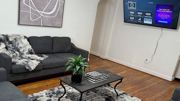A modern living room with a grey sofa, a coffee table with a plant, a rug, and a flat-screen TV mounted on the wall.
