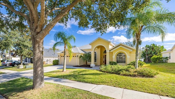 A residential house with a front yard, driveway, and a palm tree.