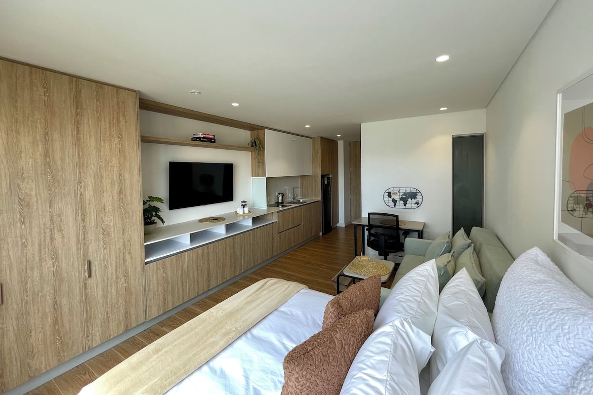 1 bedroom, desk, laptop workspace, iron/ironing board