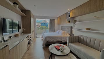 1 bedroom, desk, laptop workspace, iron/ironing board