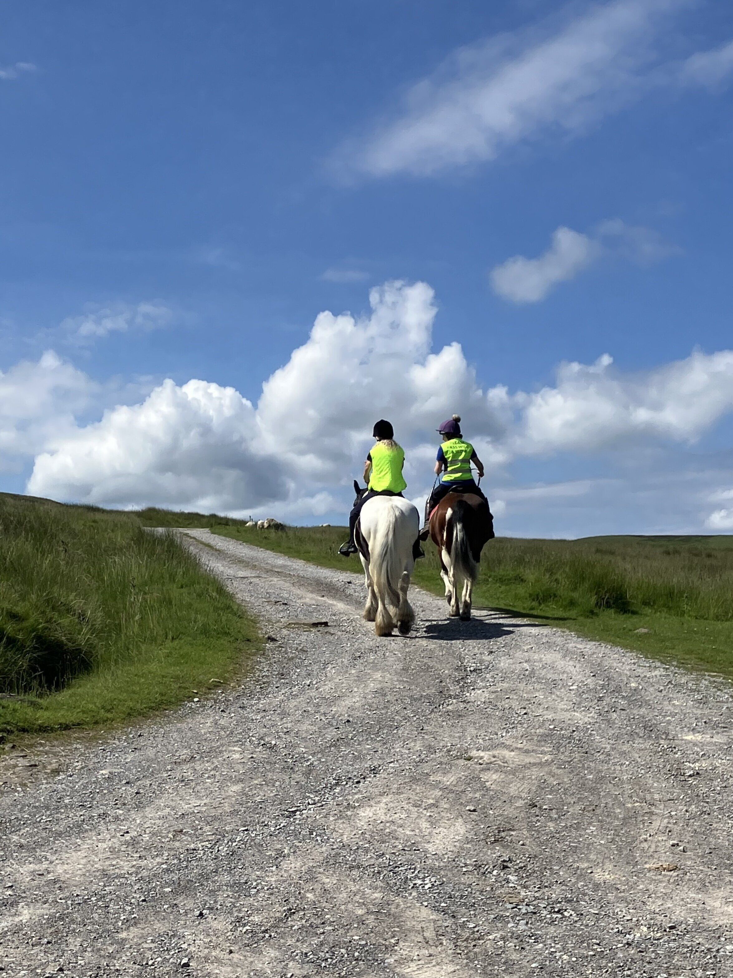 Two people riding horses on a gravel path.