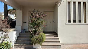 Ein weißes Gebäude mit Haustür, Stufen und einem Blumentopf.
