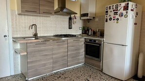 Eine Küche mit einer Edelstahlspüle, einem Gasherd, einem Einbauofen und einem weißen Kühlschrank.