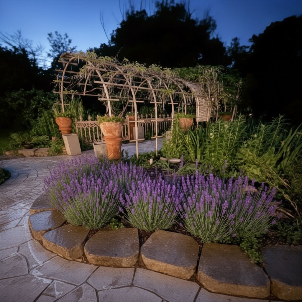 Un jardín con pérgola, plantas de lavanda y senderos de piedra.