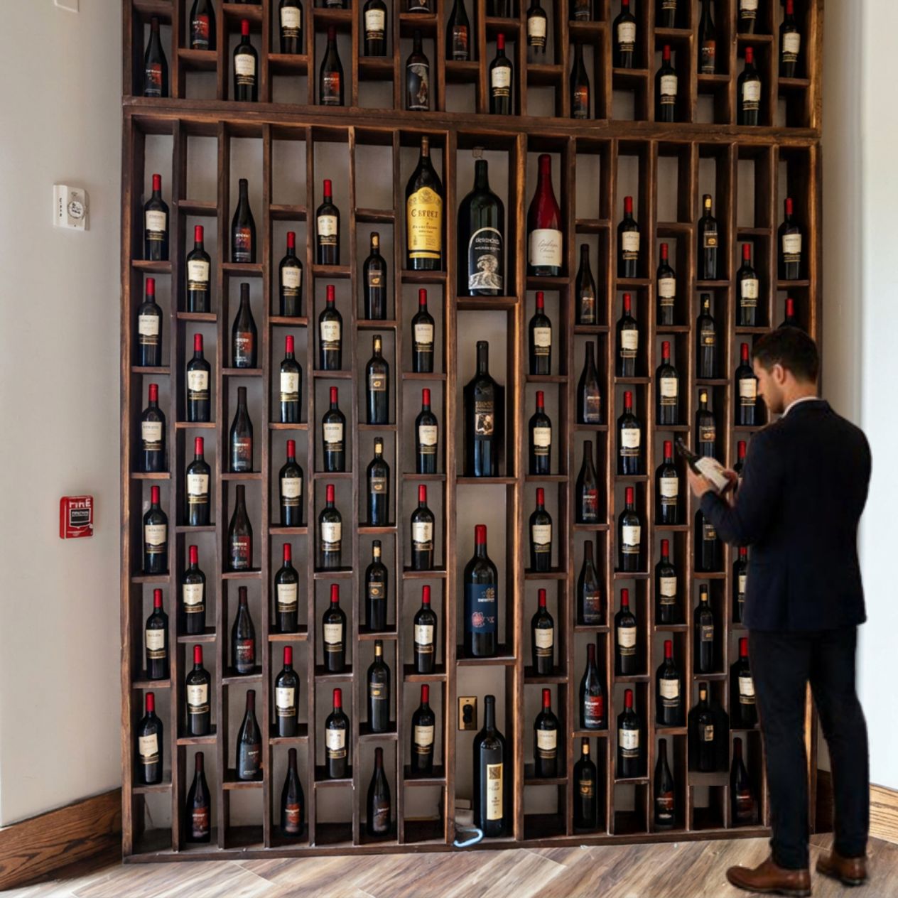 Un hombre observando una estantería llena de botellas de vino.