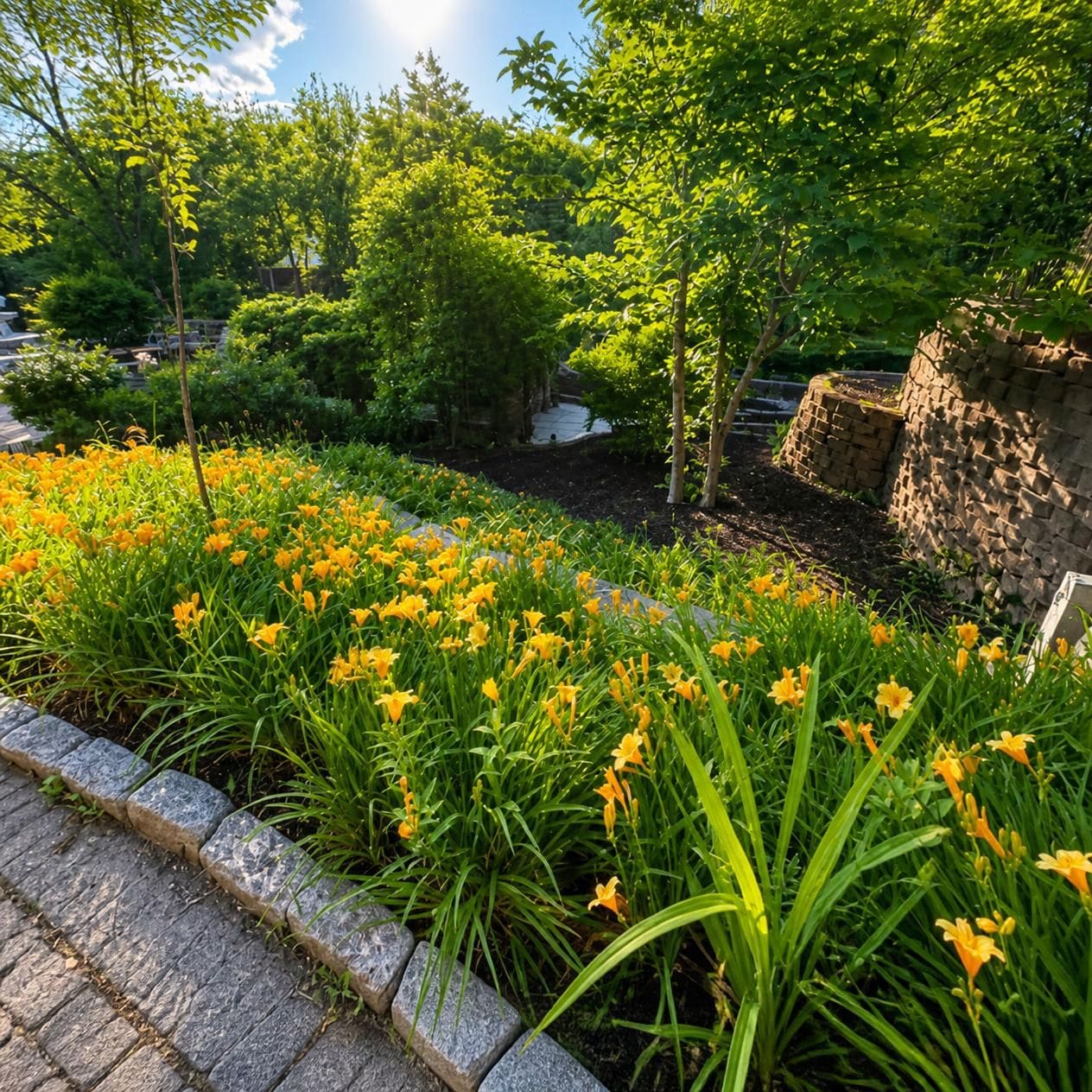 A garden with a stone wall, a paved walkway, and various green plants and yellow flowers.