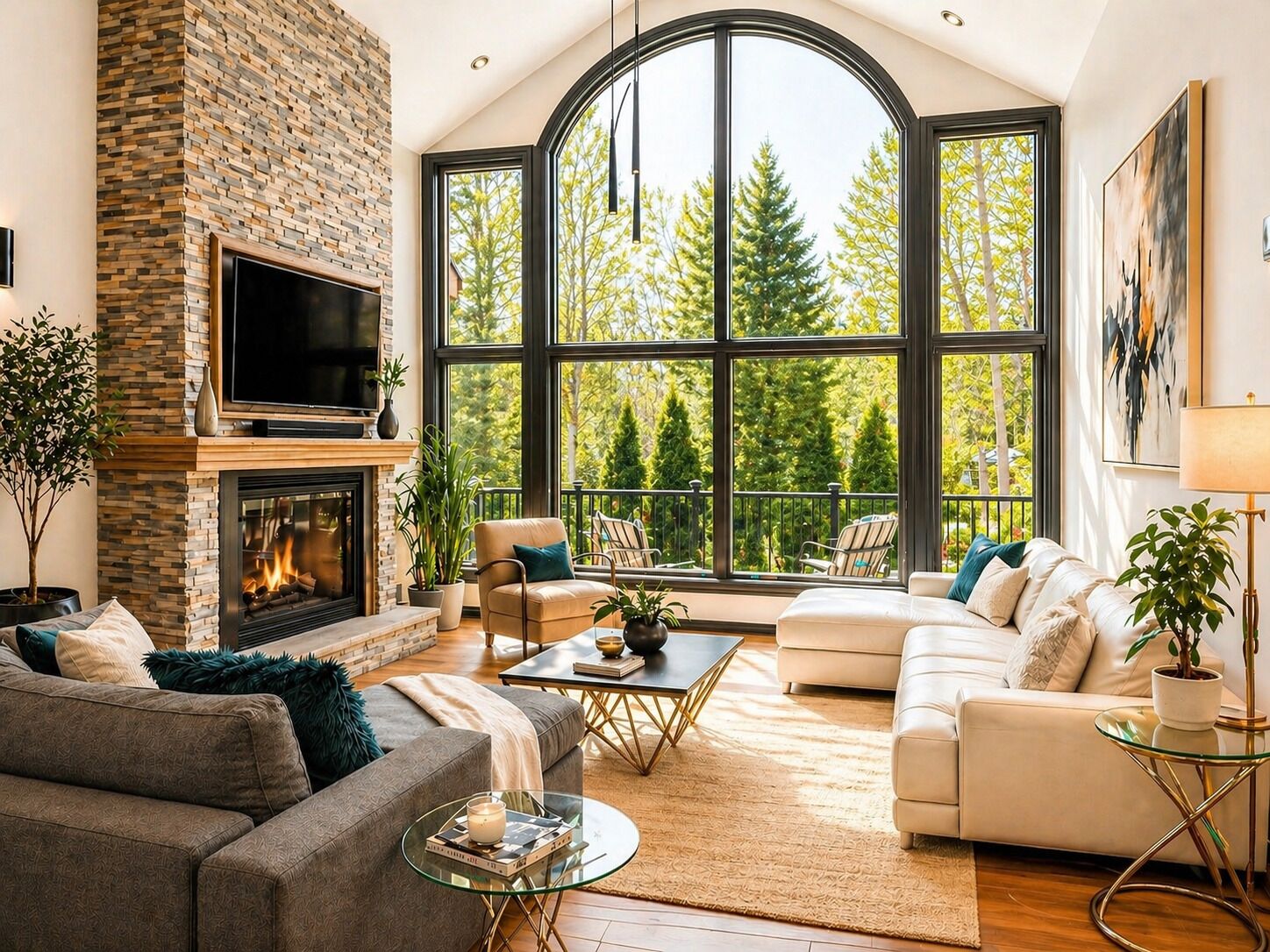 A living room with a fireplace, large windows, and a cozy seating area.