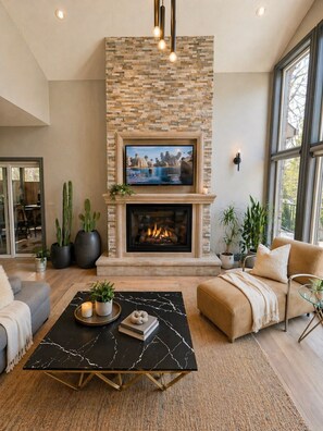 Smart TV, fireplace, foosball, table tennis