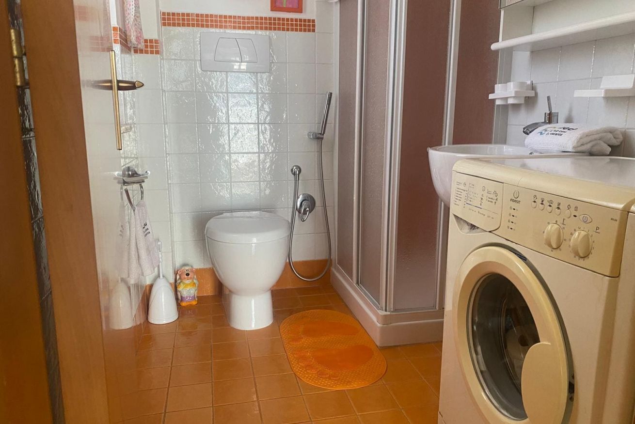 Un bagno con il water, la doccia e una lavatrice.
