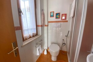 Een douche, een bidet, handdoeken