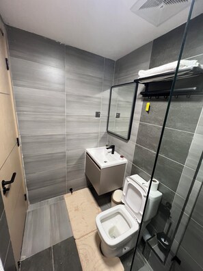 Douche, serviettes fournies, savon, papier toilette