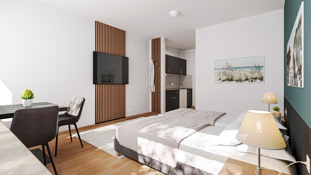 Un dormitorio moderno con cama, mesita de noche, lámpara y vistas a la cocina.