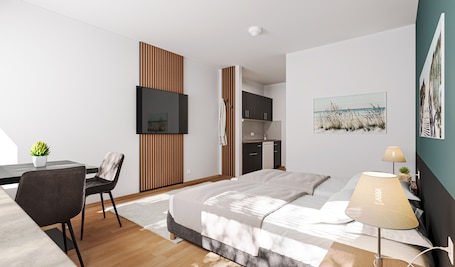 1 habitación, espacio para trabajar con laptop y cortinas blackout