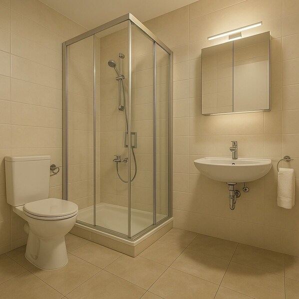 Une salle de bain avec une douche à parois de verre, des toilettes et un lavabo avec un miroir au-dessus.