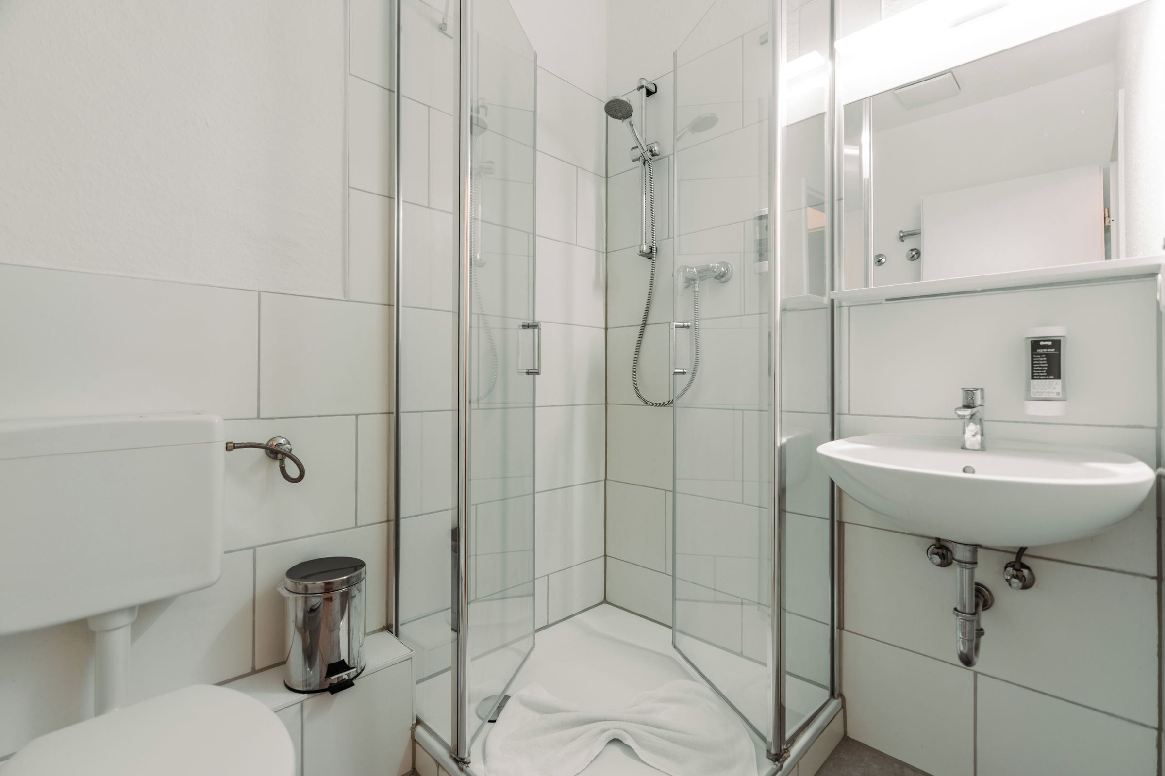 A modern bathroom with a glass-enclosed shower, a white sink, and a toilet.