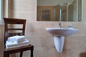Shower, hair dryer, bidet, towels