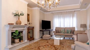 Een televisie en een open haard