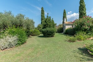 Un jardin bien entretenu, agrémenté de divers arbustes et avec un petit bâtiment en arrière-plan.