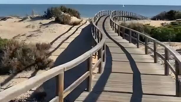A wooden boardwalk leading to a beach with dunes and sparse vegetation. - Apartment 'A Un Paso Del Mar' with Shared Pool and Balcony (Guardamar del segura)