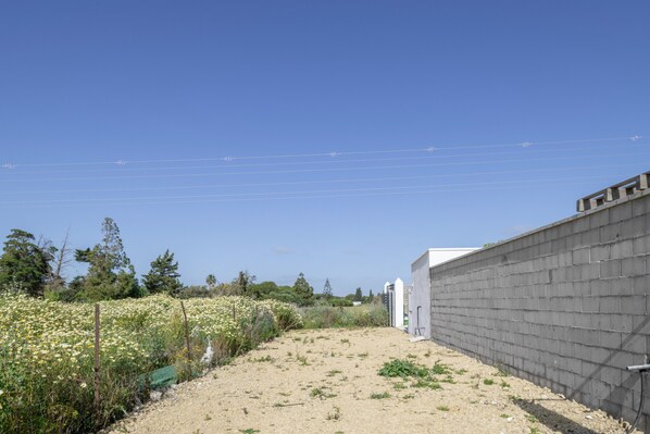 Una obra en construcción con un muro de concreto, un camino de tierra y vegetación escasa.