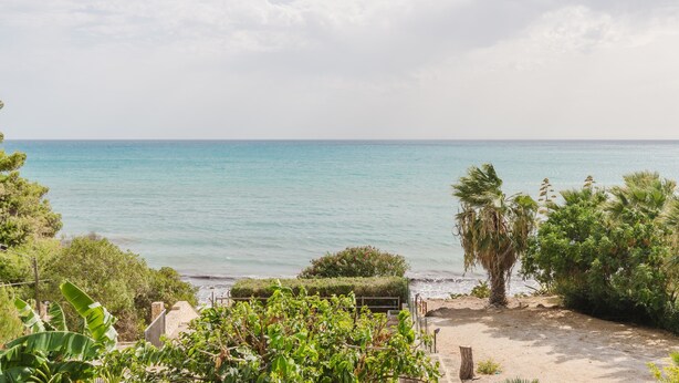 A coastal view with a sandy beach, palm trees, and a clear sky. - Apartment 'Lumia Sole' with Sea View, Wi-Fi and Air Conditioning (Sciacca)
