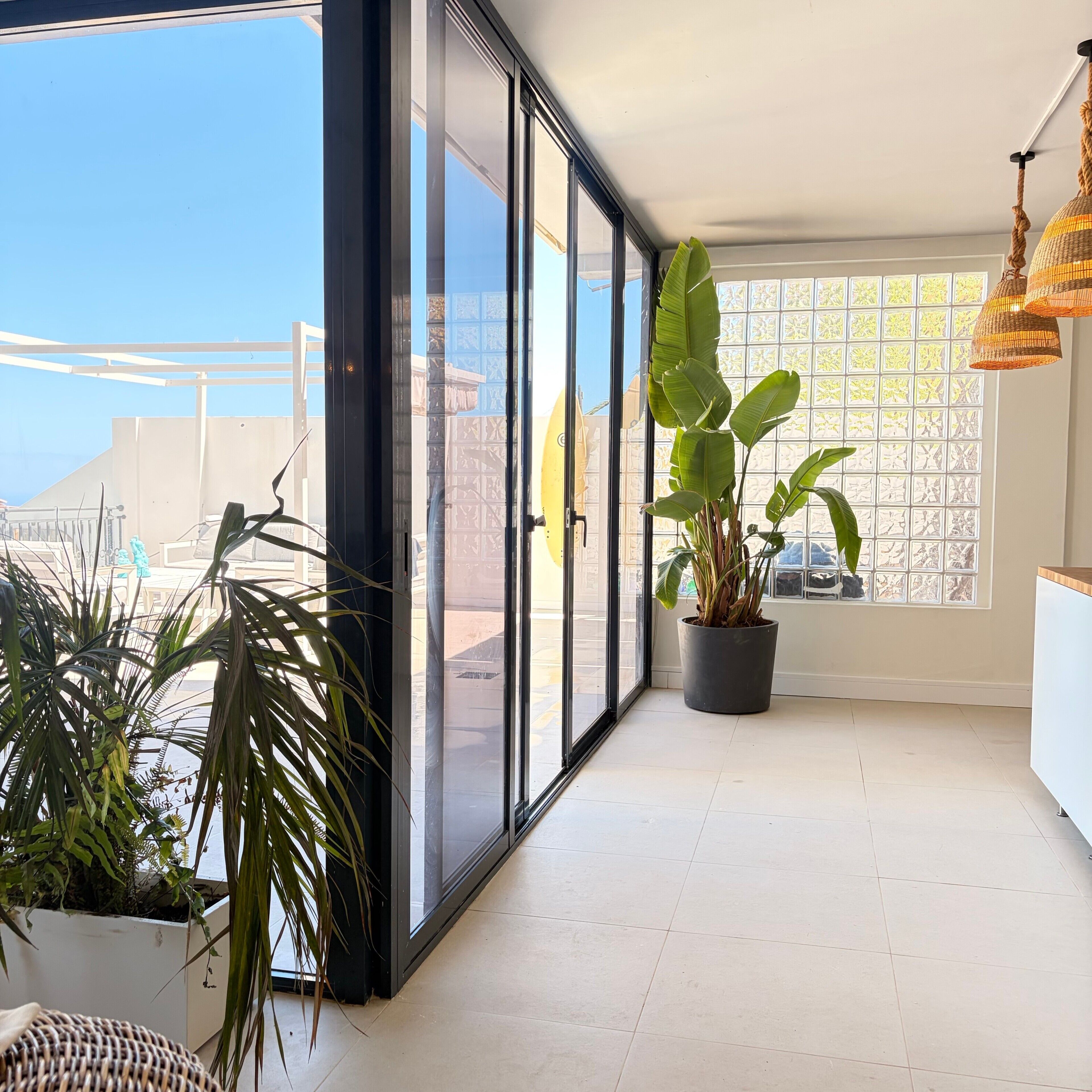 A modern interior with large glass doors, a potted plant, and a hanging light fixture.