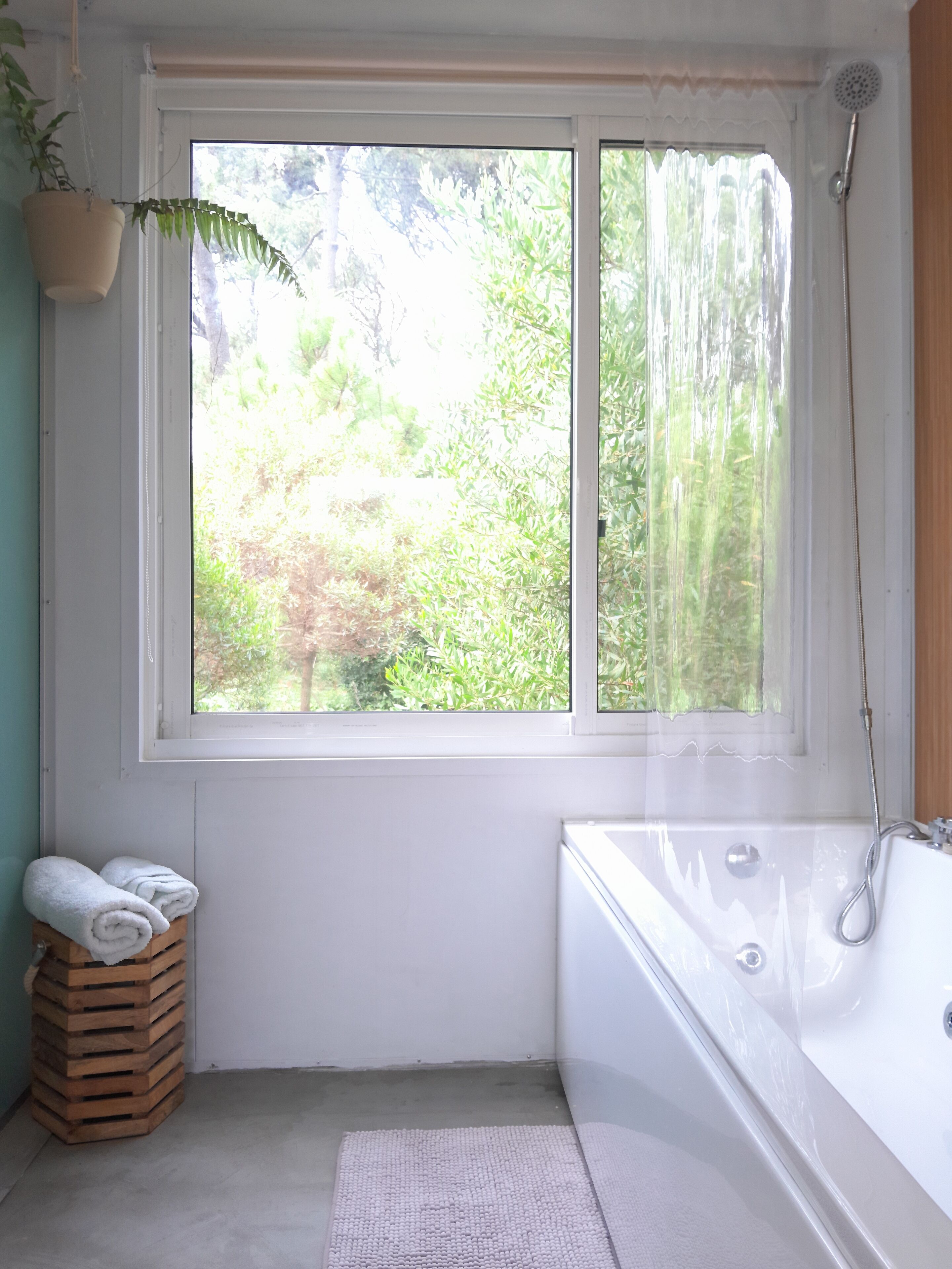 Tina de hidromasaje, toallas, papel de baño 