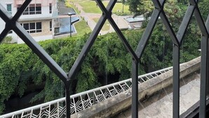Vista a través de una reja de metal de un edificio de varios pisos, un área ajardinada con senderos y una masa de agua.