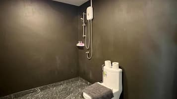 Hair dryer, towels, soap, shampoo