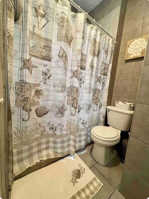 Douche, sèche-cheveux, serviettes fournies, savon