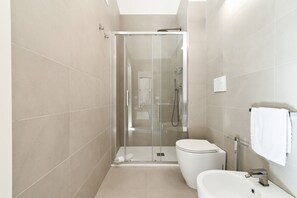Shower, hair dryer, bidet, towels