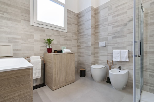 Shower, free toiletries, hair dryer, bidet