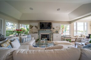 Smart TV, fireplace, books