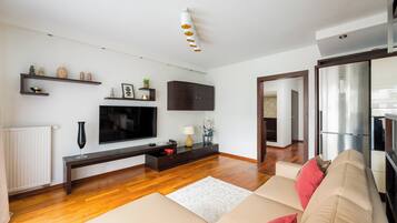 Un soggiorno moderno con un divano, una TV, un pavimento in legno e una zona cucina visibile attraverso una porta aperta.