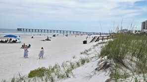 On the beach, sun-loungers, beach towels