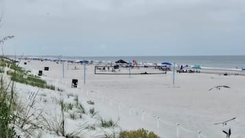 On the beach, sun loungers, beach towels