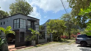 Une maison moderne à deux étages, avec une allée et un VUS garé devant.
