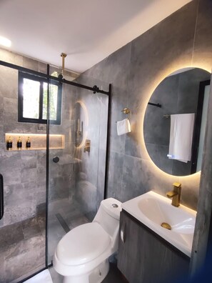 Douche, séchoir à cheveux, serviettes fournies