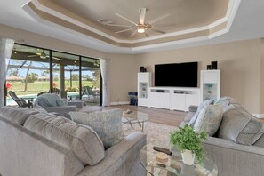 Smart TV, music library, video library, stereo