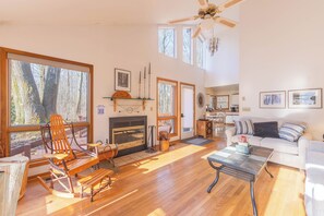 Smart TV, chimenea, libros