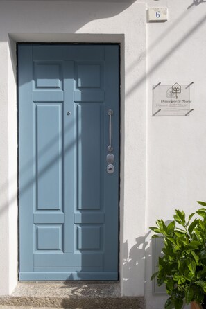 A blue door with a handle, a small sign above it, and a potted plant to the right.