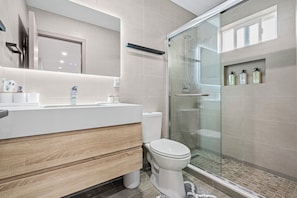 Hair dryer, towels, soap, toilet paper