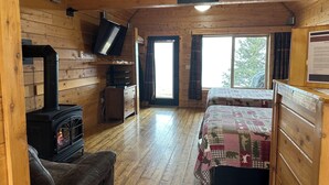 Interior de una cabaña con paredes de madera, chimenea, televisor, cama y ventana.